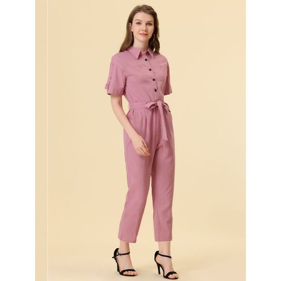 Short Sleeve Collared Cropped Button Down Tie Waist Cotton Cargo Jumpsuit Pink - Picture 2 of 5